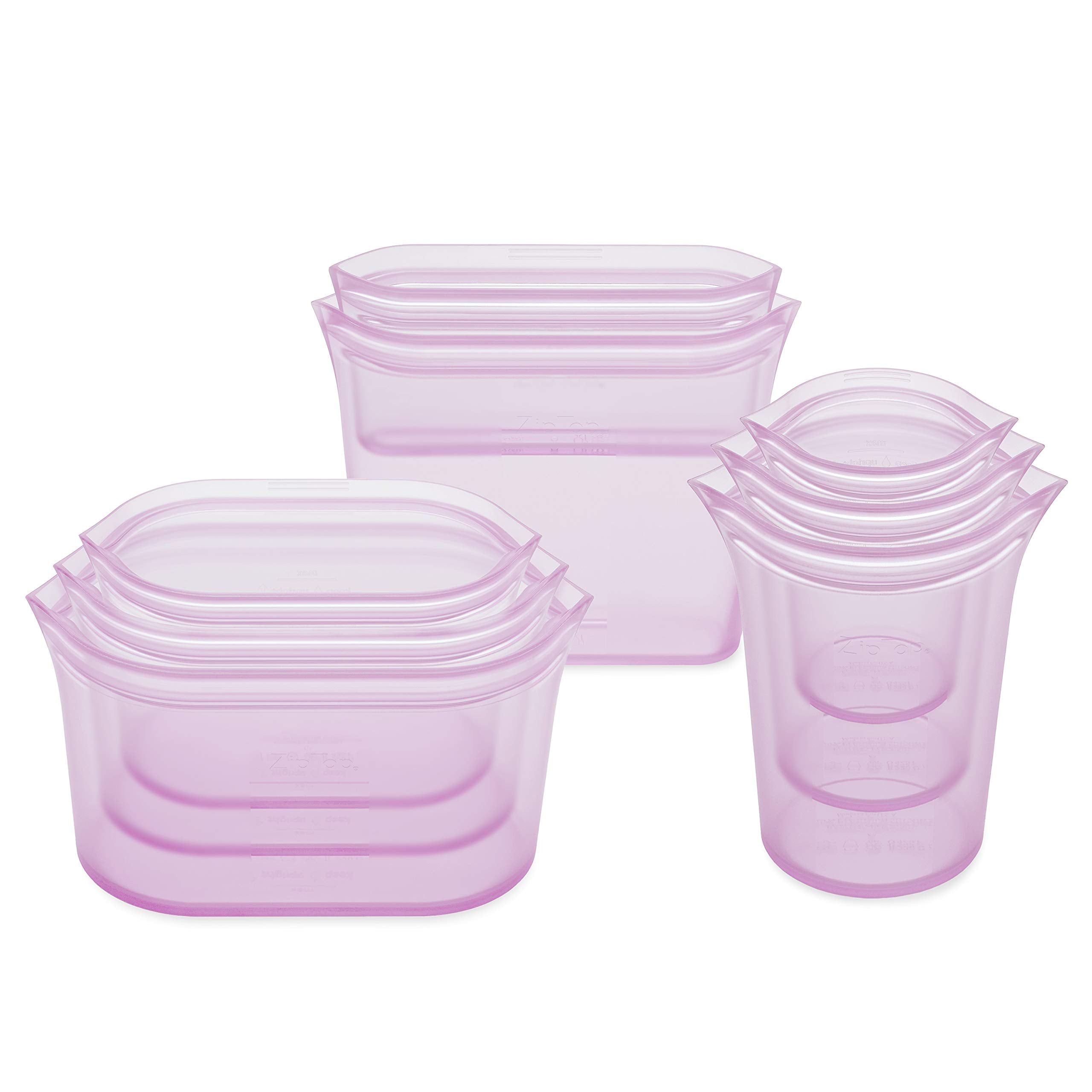 Zip Top Reusable Food Storage Containers Full Set of 8 Lavender – Platinum Silicone Cups, Dishes & Bags – Microwave, Dishwasher & Freezer Safe – Made in USA, BPA-Free
