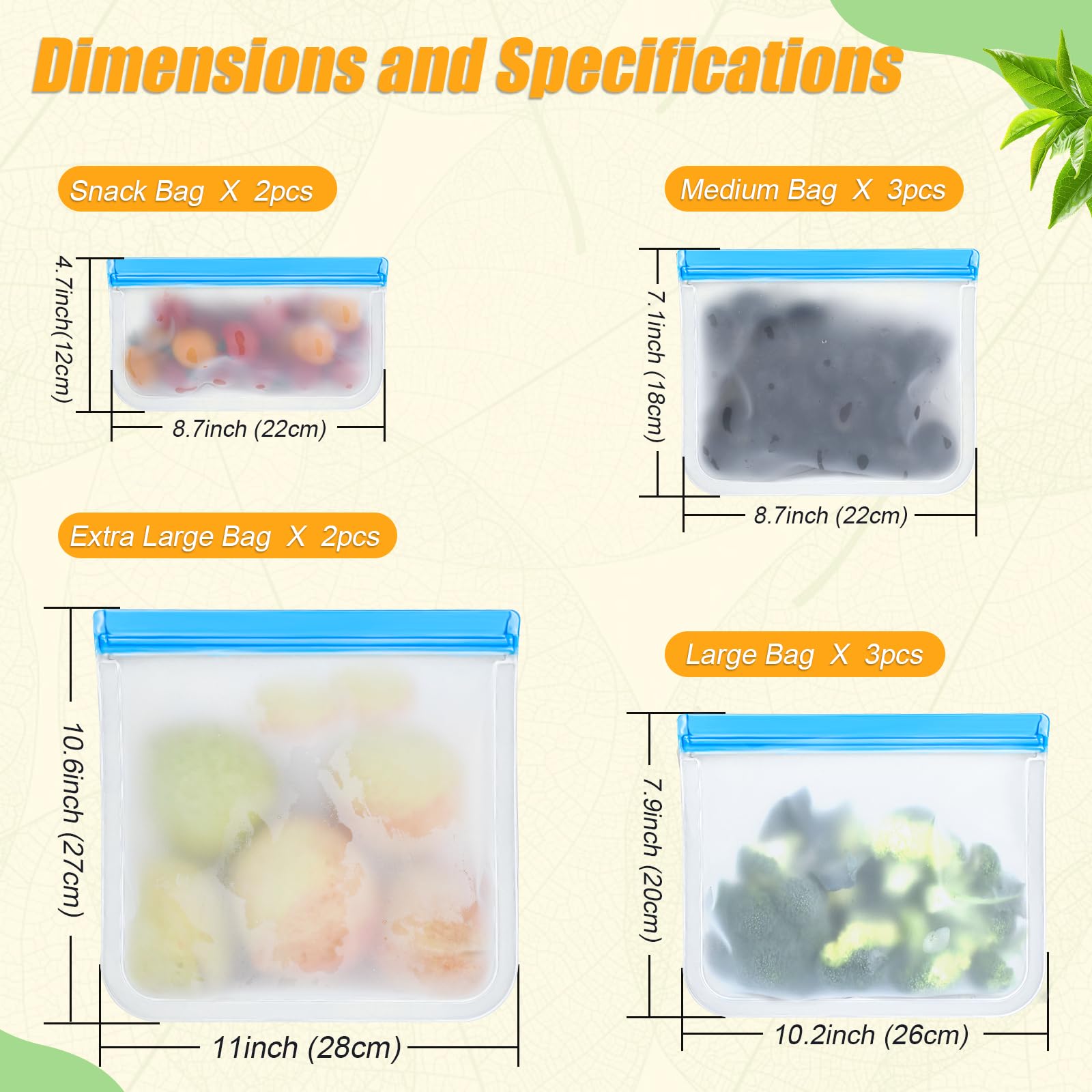 10 Pack Reusable Silicone Food Storage Bags, Leakproof Dishwasher Safe Reusable Freezer Bags for Food Containers, Lunch Bags for Sandwich, Snack, Marinate Meat, Salad Fruit
