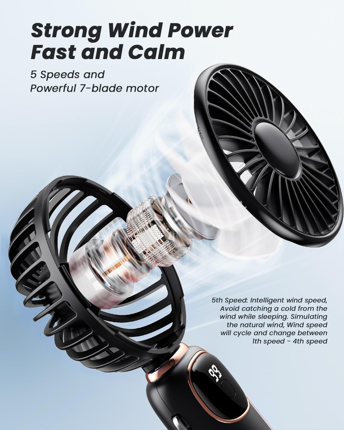 coldSky Portable Handheld Fan, 4000mAh Battery Operated with LED Display, Handheld/Neck/Desk 3 in 1 Personal Small Fan, 90° Foldable Desk Fan with Base, 5 Speed Lash Makeup Fan for Women