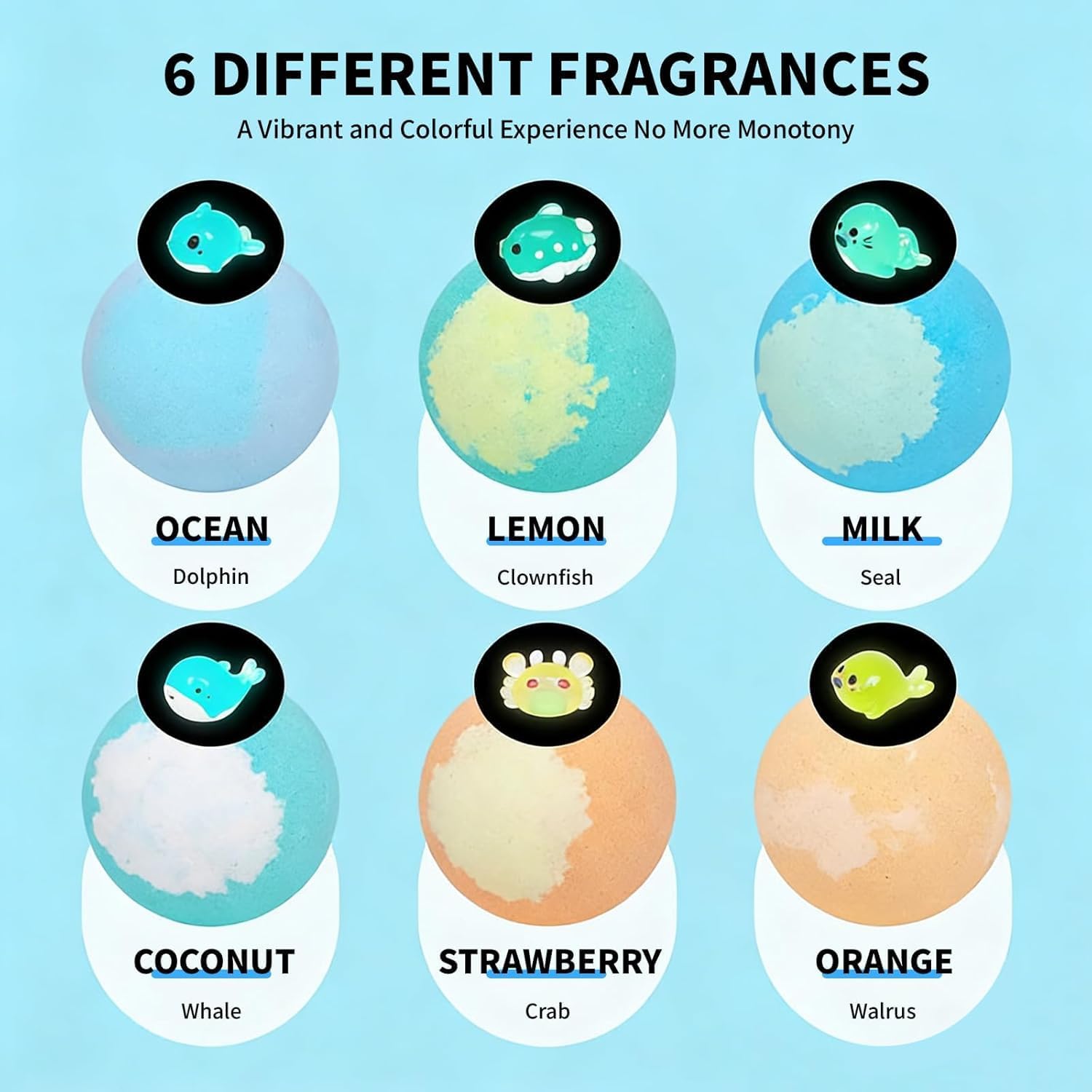 6Pack Natural Bath Bombs with Mega Bubbles & Surprise Inside, Ocean Toy Bath Salt Ball Sleeve Box Bath Bombs, Animal BulkEaster Basket Stuffers, Skin-Friendly Bathing Kit (6PCS)