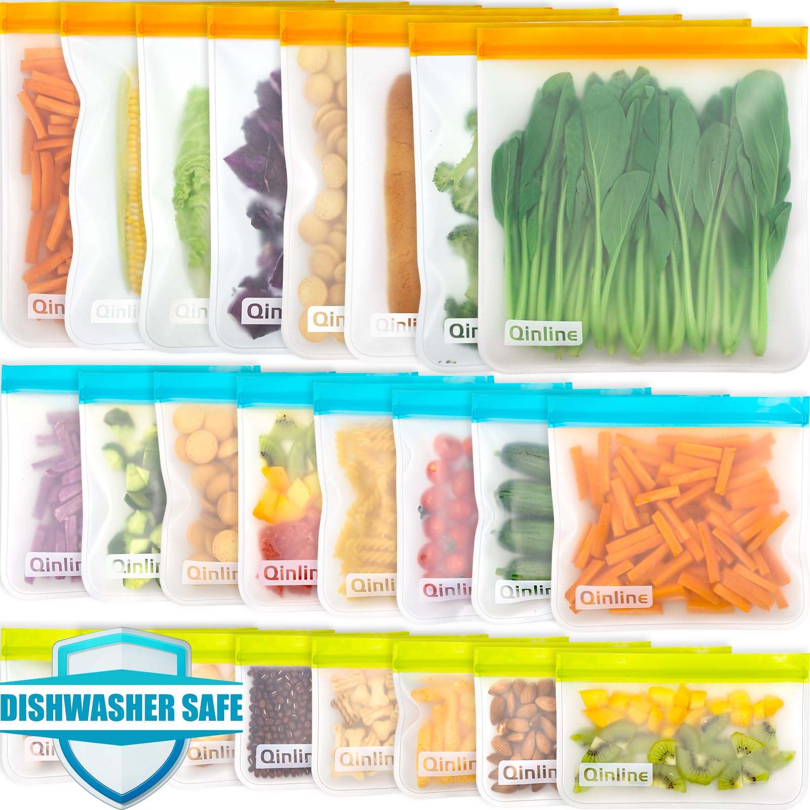 Qinline Reusable Food Storage Bags - 24 Pack Freezer Extra Thick Leakproof Lunch Bag - 8 Gallon 8 Sandwich 8 Snack Bags