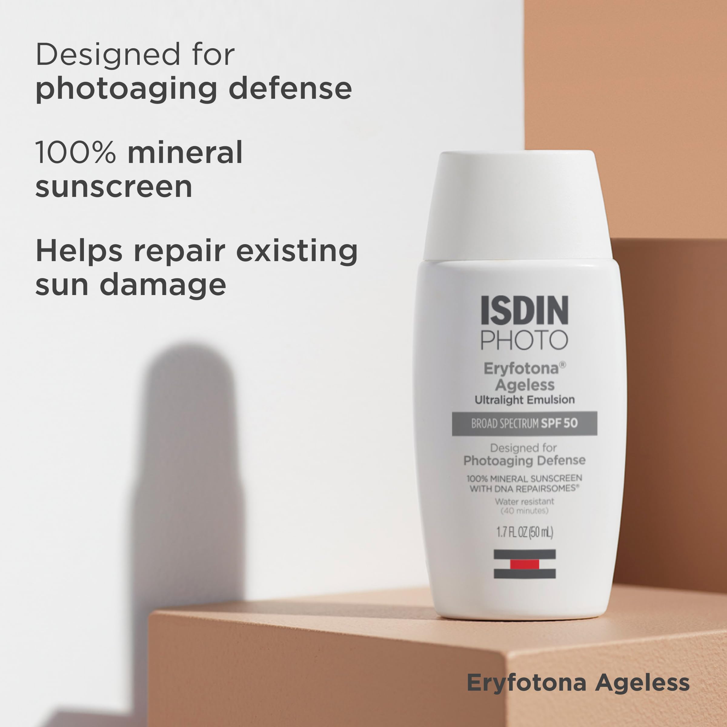 ISDIN Eryfotona Ageless Tinted Mineral Face Sunscreen SPF 50, Zinc Oxide | Anti-Aging, 100% Mineral UV Filters, Ultralight Emulsion, Suitable for Sensitive Skin, Dermatologist Recommended