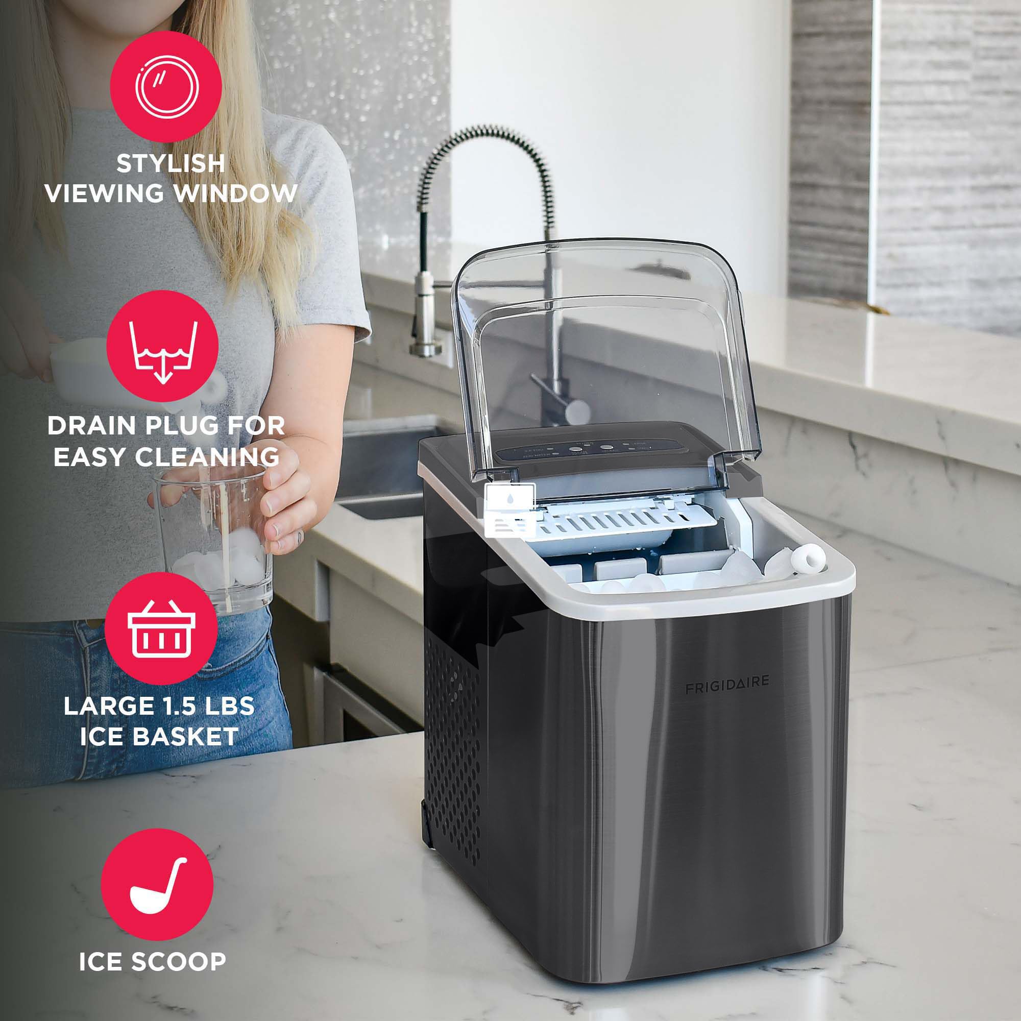 Frigidaire Countertop Portable, 26 lb per Day Bullet Ice Maker Machine (Black Stainless Steel)