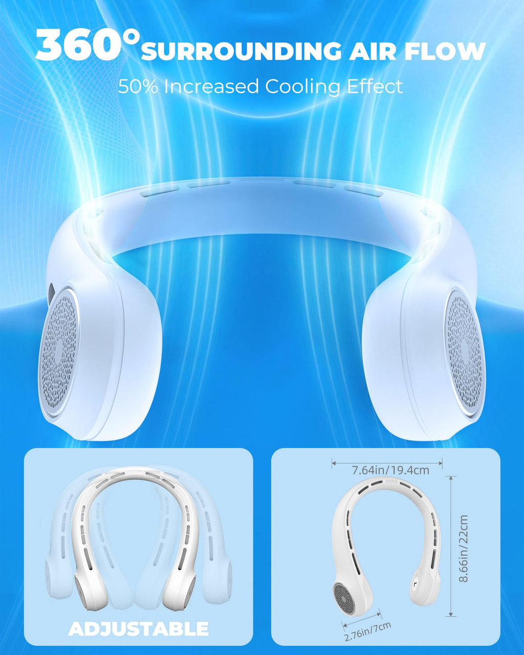 Neck Fan with 4000mAh Rechargeable Battery & LED Display, Portable Personal Cooler for Women/Men, 3-Speed Bladeless 360° Cooling Fans, Stylish Gift for Gym/Travel/Office, White