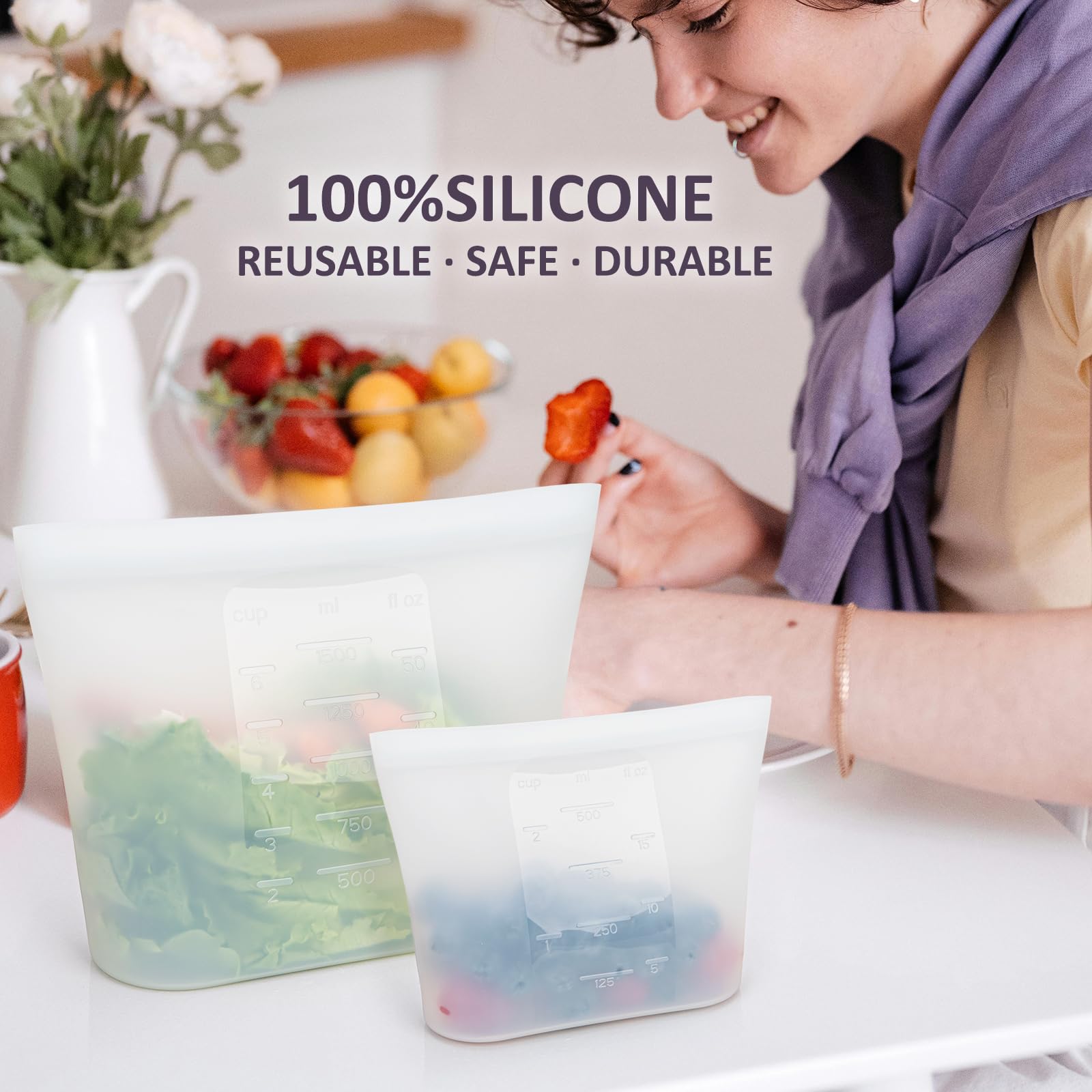 Extra Large Reusable Silicone Food Storage Bags 4 Pack, 0.8 Gallon/3000ml, 100% Silicone Stand-Up Wide-Open Zip-Lock Reusable Bags for Large Items, Microwave Freezer Oven Dishwasher Safe, Translucent
