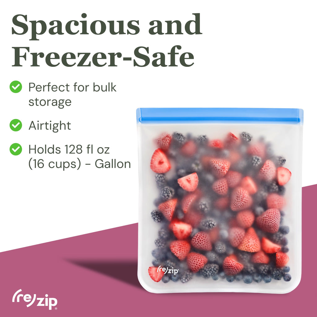 (re) zip Gallon Reusable Storage Bags, BPA-Free, Leakproof, Food-Grade 100% Food-Safe PEVA, for Food Storage and Freezer Use, Holds 16 cups | 128 fl oz, 4-Pack (Clear)