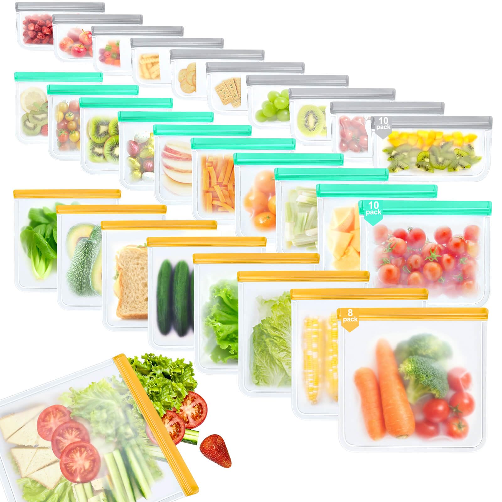 Reusable Silicone Freezer Bags, 12 Pack Leakproof Food Storage Bags Dishwasher Safe, Silicone Snack Bags Food Storage Containers for Meal Prep Containers, Salad Fruit, Vegetables, Home Organization