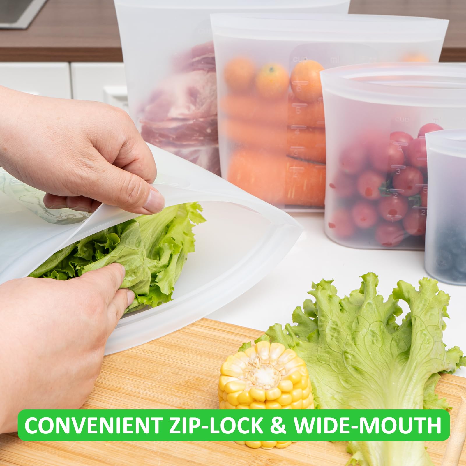 100% Platinum Silicone Reusable Storage Bags, 12 Pack, Premium Silicone Food Storage Bag Stand-Up Wide-Mouth Zip-Lock, Freezer Microwave Oven Dishwasher Safe, 4 M + 4 S + 4 XS, Crystal-Clear
