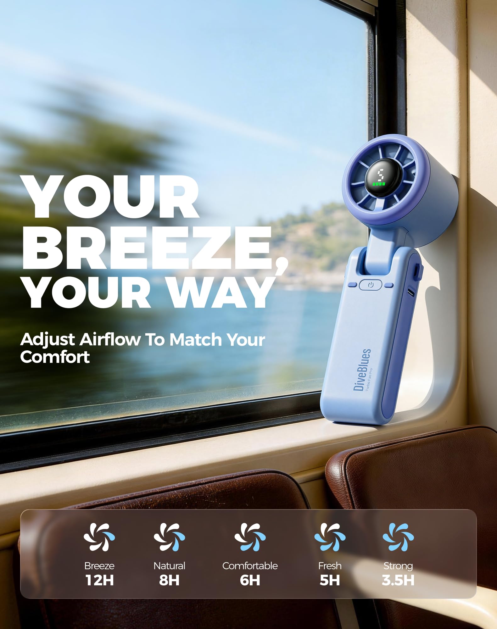 Diveblues Portable Handheld Turbo Fan | 3 IN 1 Hand/Neck/Desk Fan, Up to 12 Working Hours, 5 Gear Wind, Battery Operated, Travel, Working, Outdoor Activities