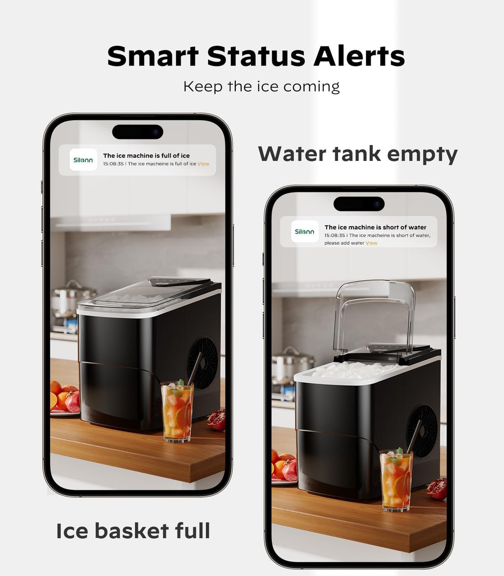 Silonn Countertop Ice Maker with 2.5L Expandable Ice Basket, 26.5lbs/24H, 9 Cubes in 6 Mins, 2 Ice Sizes, Self-Cleaning & LED Touch Control for Home Kitchen Office