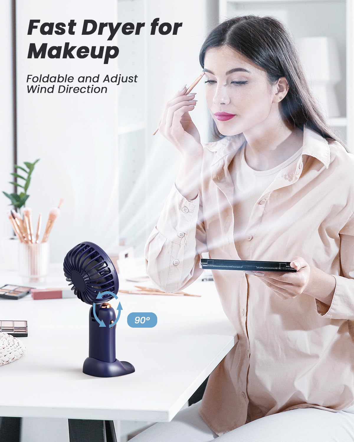 coldSky Portable Handheld Fan, 4000mAh Battery Operated with LED Display, Handheld/Neck/Desk 3 in 1 Personal Small Fan, 90° Foldable Desk Fan with Base, 5 Speed Lash Makeup Fan for Women