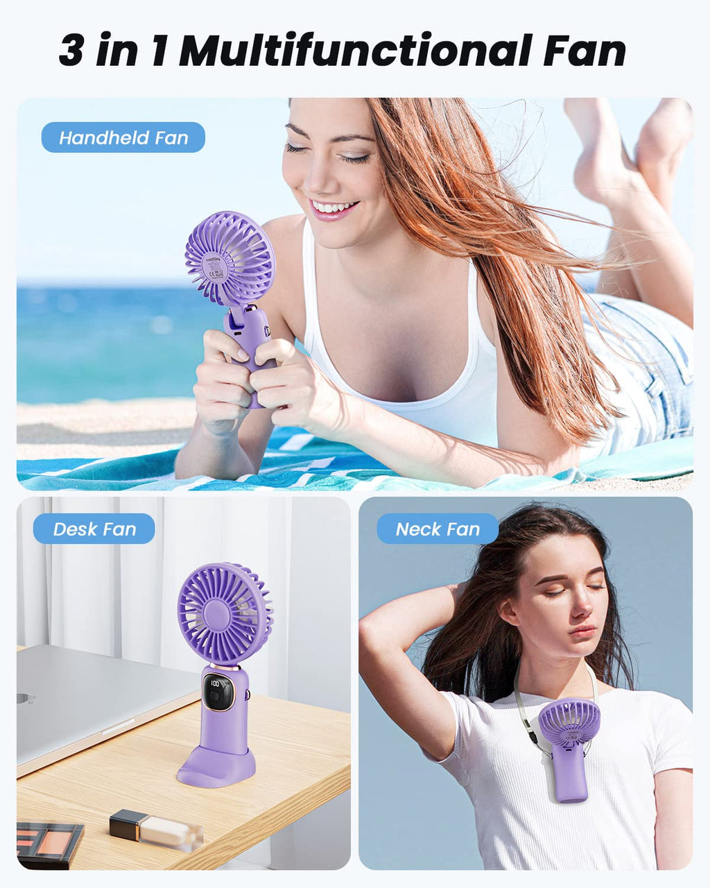 coldSky Portable Handheld Fan, 4000mAh Battery Operated with LED Display, Handheld/Neck/Desk 3 in 1 Personal Small Fan, 90° Foldable Desk Fan with Base, 5 Speed Lash Makeup Fan for Women
