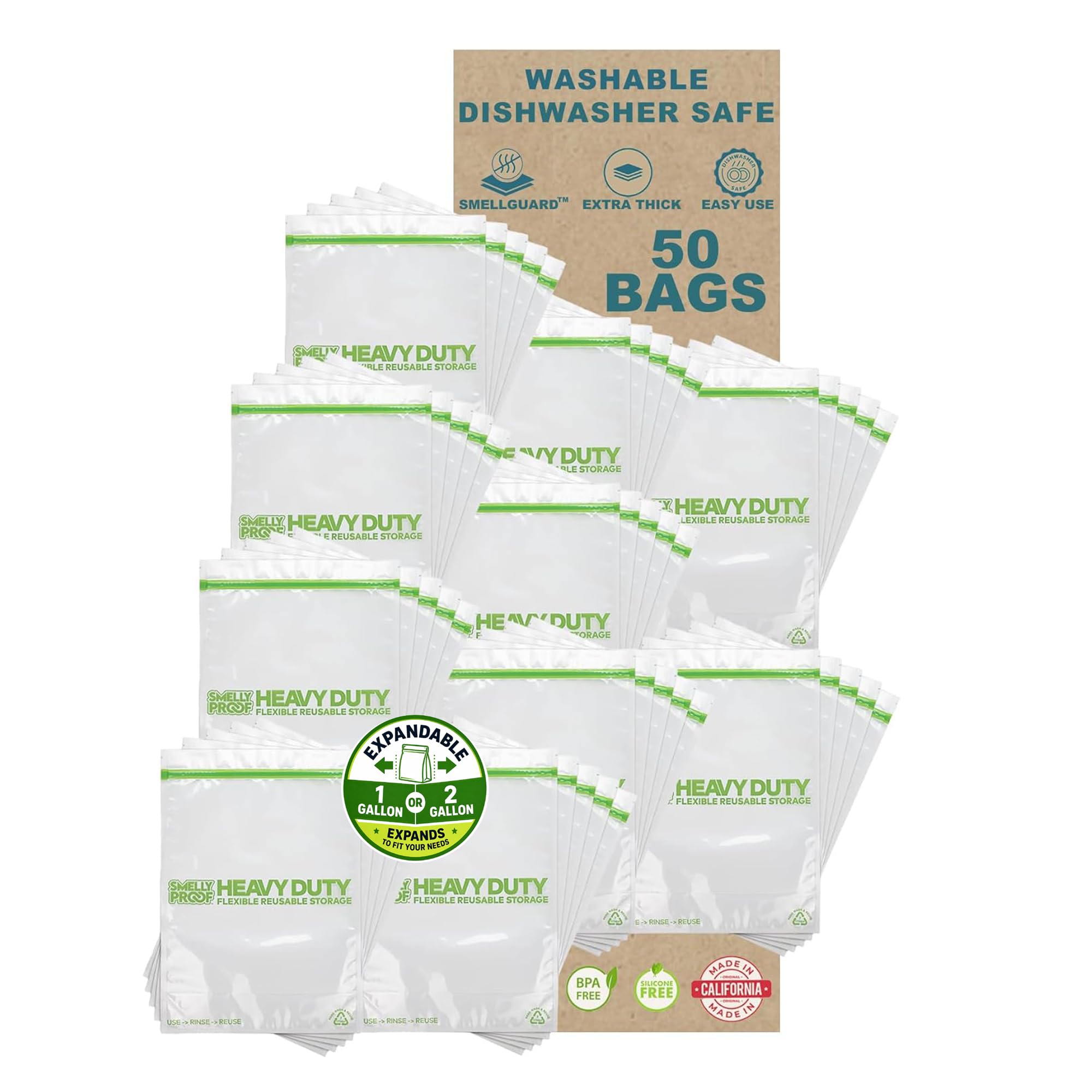 Smelly Proof HEAVY DUTY Reusable STAND-UP Bags for Food Storage, USA Made, NO PEVA & BPA FREE, Reusable Freezer Bags, Dishwasher-Safe, Triple Zip, CLEAR 5-mils XXL 2-Gallon 12" x 16" - 5pk