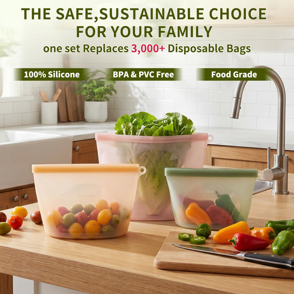 Extra Large Reusable Silicone Food Storage Bags 4 Pack, 0.8 Gallon/3000ml, 100% Silicone Stand-Up Wide-Open Zip-Lock Reusable Bags for Large Items, Microwave Freezer Oven Dishwasher Safe, Translucent