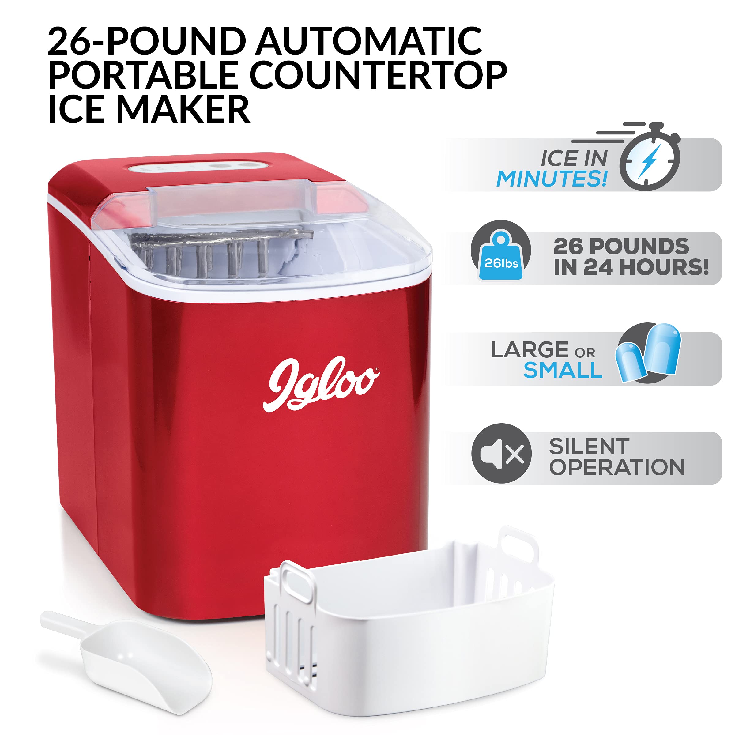 Igloo Automatic Self-Cleaning Portable Electric Countertop Ice Maker Machine with Handle, 26 Pounds in 24 Hours, 9 Ice Cubes Ready in 7 Minutes, with Ice Scoop and Basket