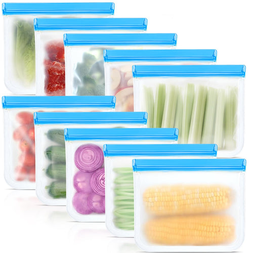 10 Pack Reusable Silicone Food Storage Bags, Leakproof Dishwasher Safe Reusable Freezer Bags for Food Containers, Lunch Bags for Sandwich, Snack, Marinate Meat, Salad Fruit