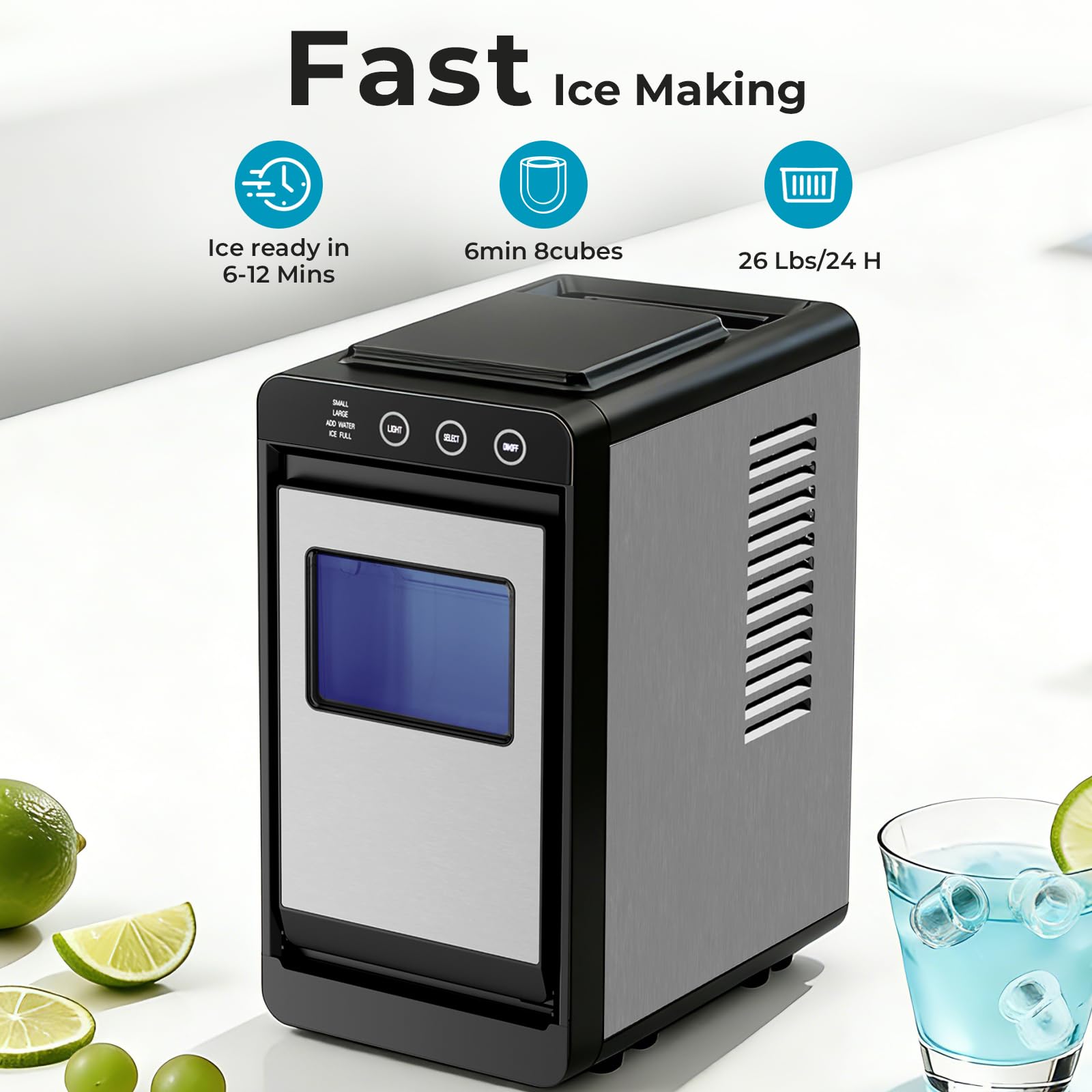 Antarctic Star Countertop Ice Maker, 26lbs/24H Ice Machine, Self-Cleaning Portable Ice Maker with 1.1lb Storage, 8 Bullet Ice in 6 Mins, Compact Ice Maker for Home/Office/Outdoor, Black