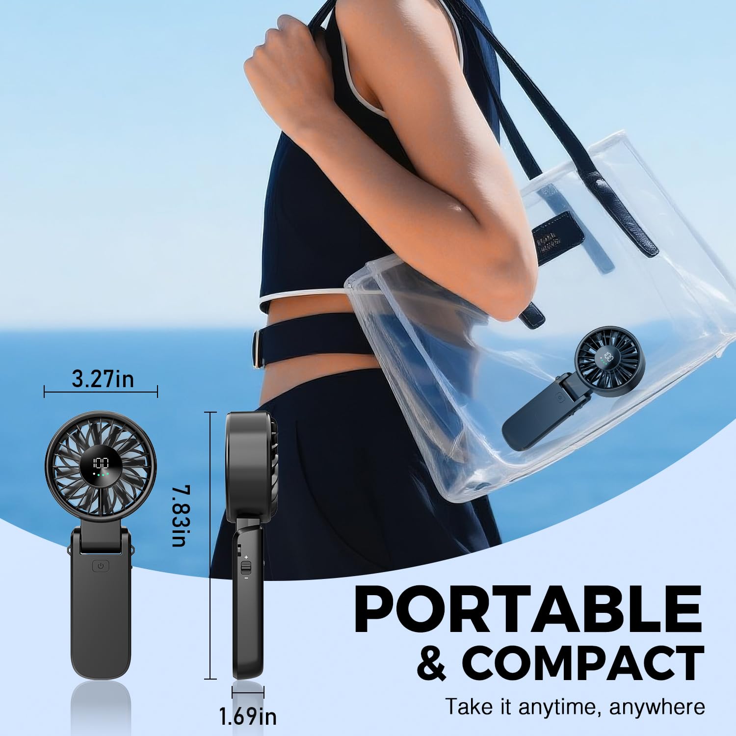 Portable Handheld Fan with Power Bank, 5000mAh Battery, Digital Display & 6-Speed Turbo – Foldable 3 in 1 Rechargeable Mini Fan for Desk, Neck, Travel, Beach, Office