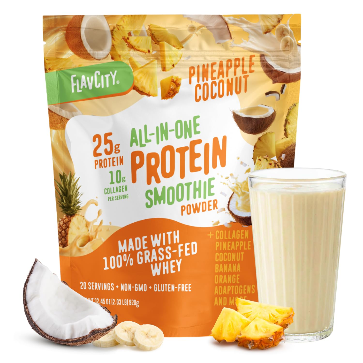 FlavCity All in One Protein Shake Powder, Pineapple Coconut - On the Go Meal Alternative + Collagen Peptides, Reishi & Cordyceps - Focus, Skin, Hair & Joint Support - 100% Grass Fed Whey, 20 Servings