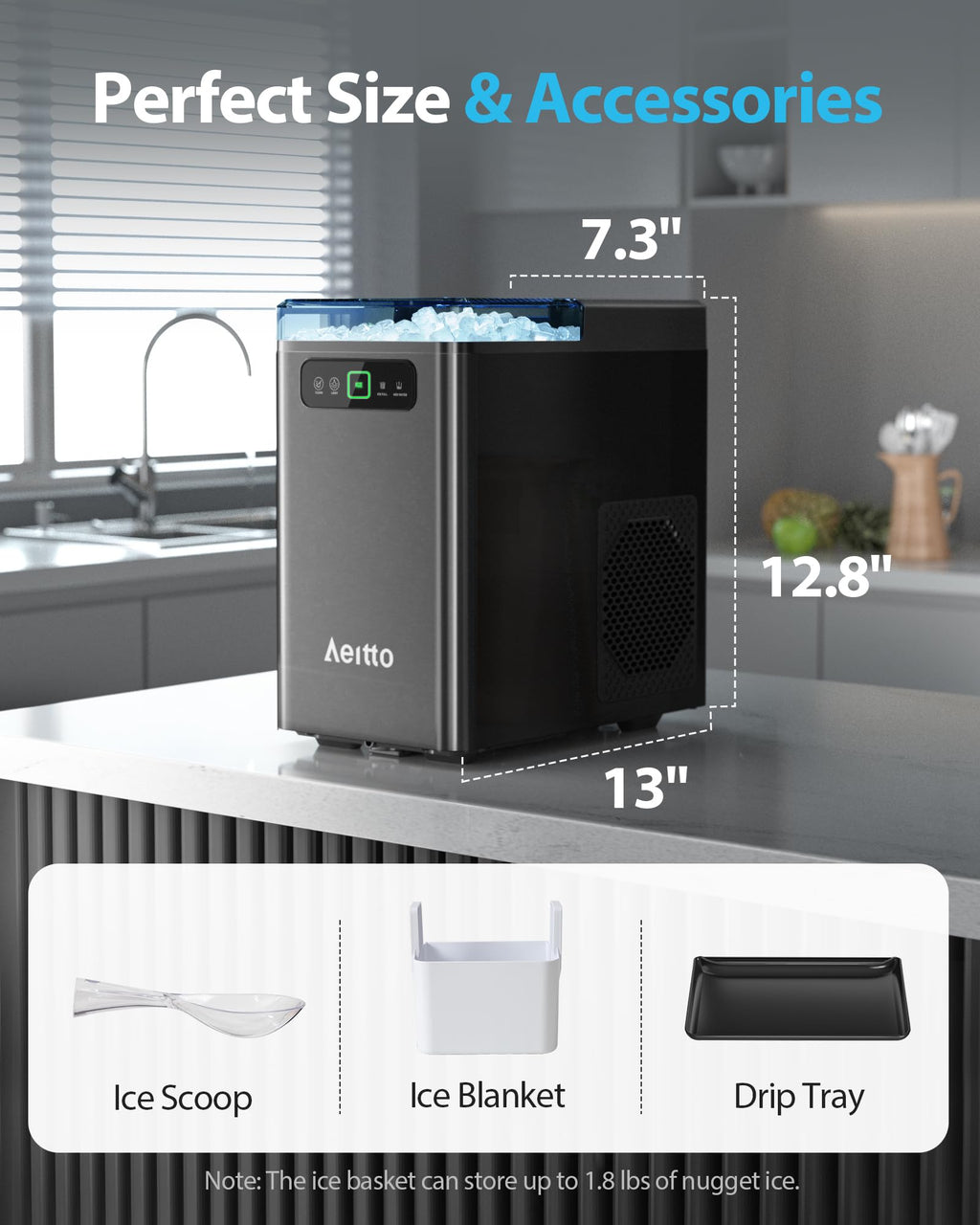 Aeitto Nugget Ice Maker Countertop, Pellet Ice Machine Soft Chewable Ice 40lbs/Day, One-Click Operation, Auto Self-Cleaning Crushed Ice Makers Stainless with Scoop for Home/Kitchen/Office (Grey)