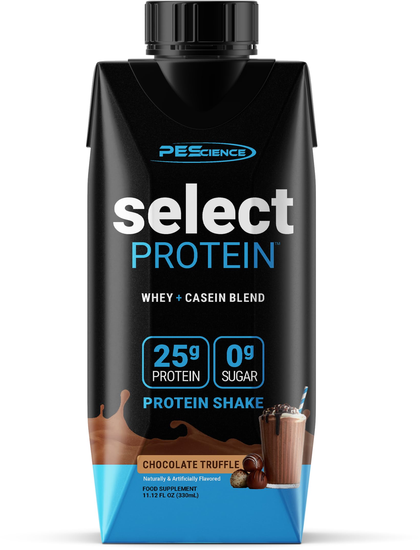PEScience Select Protein Shake RTD, 25g Whey and Casein Blend, High Protein Drink, Gluten Free, Keto Friendly, 0g Sugar, Low Carb Ready to Drink Meal Replacement, Chocolate Truffle - Pack of 4