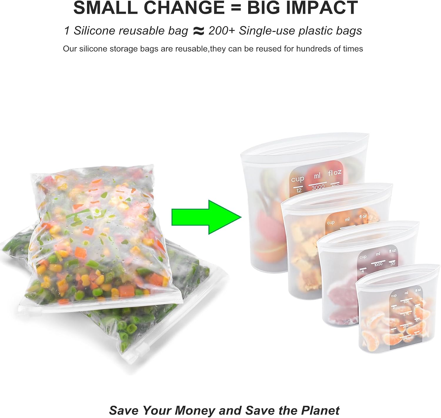 Bangp Premium Silicone Reusable Food Storage Bags,4 Pack | Stand-Up Bottom,Reclosable Freezer Bags for Soup,Sandwich,Salad Fruit,Snack,Leak-free,Food-safe Silicone,Oven,Dishwasher Safe