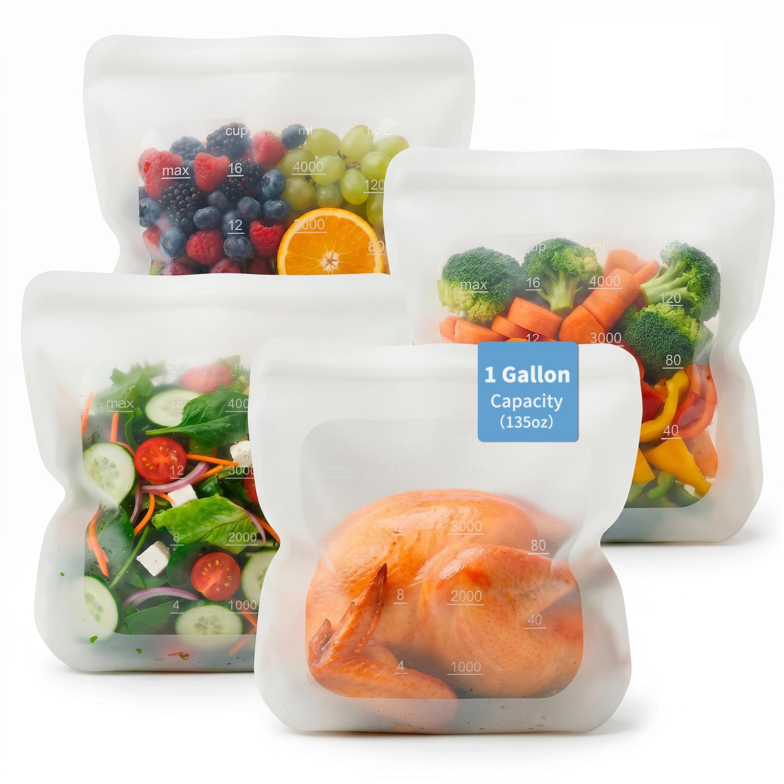 Extra Large Reusable Silicone Food Storage Bags 4 Pack, 0.8 Gallon/3000ml, 100% Silicone Stand-Up Wide-Open Zip-Lock Reusable Bags for Large Items, Microwave Freezer Oven Dishwasher Safe, Translucent