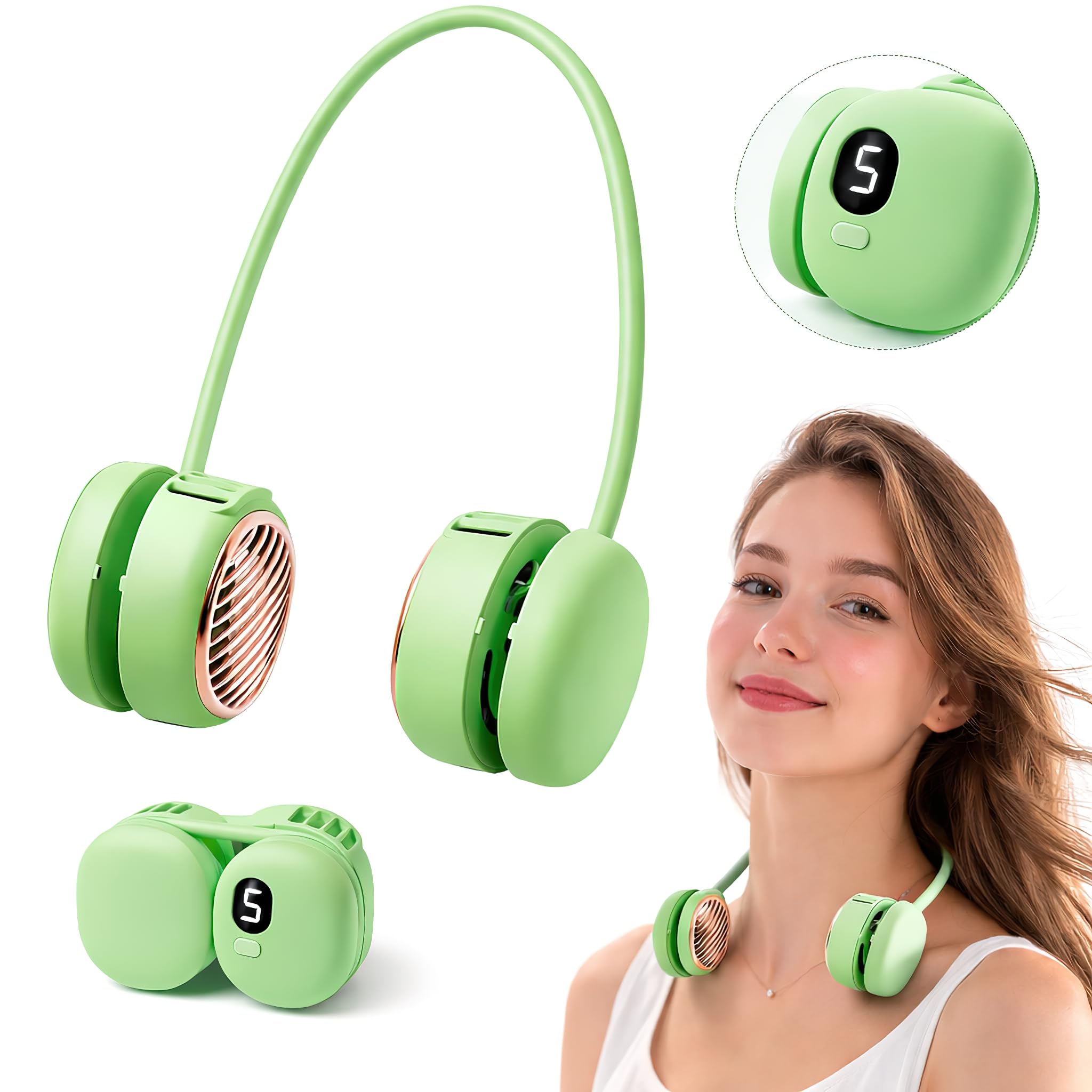 Portable Neck Fan, Hands Free Mini Personal Neck Fans for Women with 5 Speeds, Lightweight Small 5oz Wearable Cooling Fan, 360° Adjustable, Gift for Girl, Gym, Travel and Outdoor, White