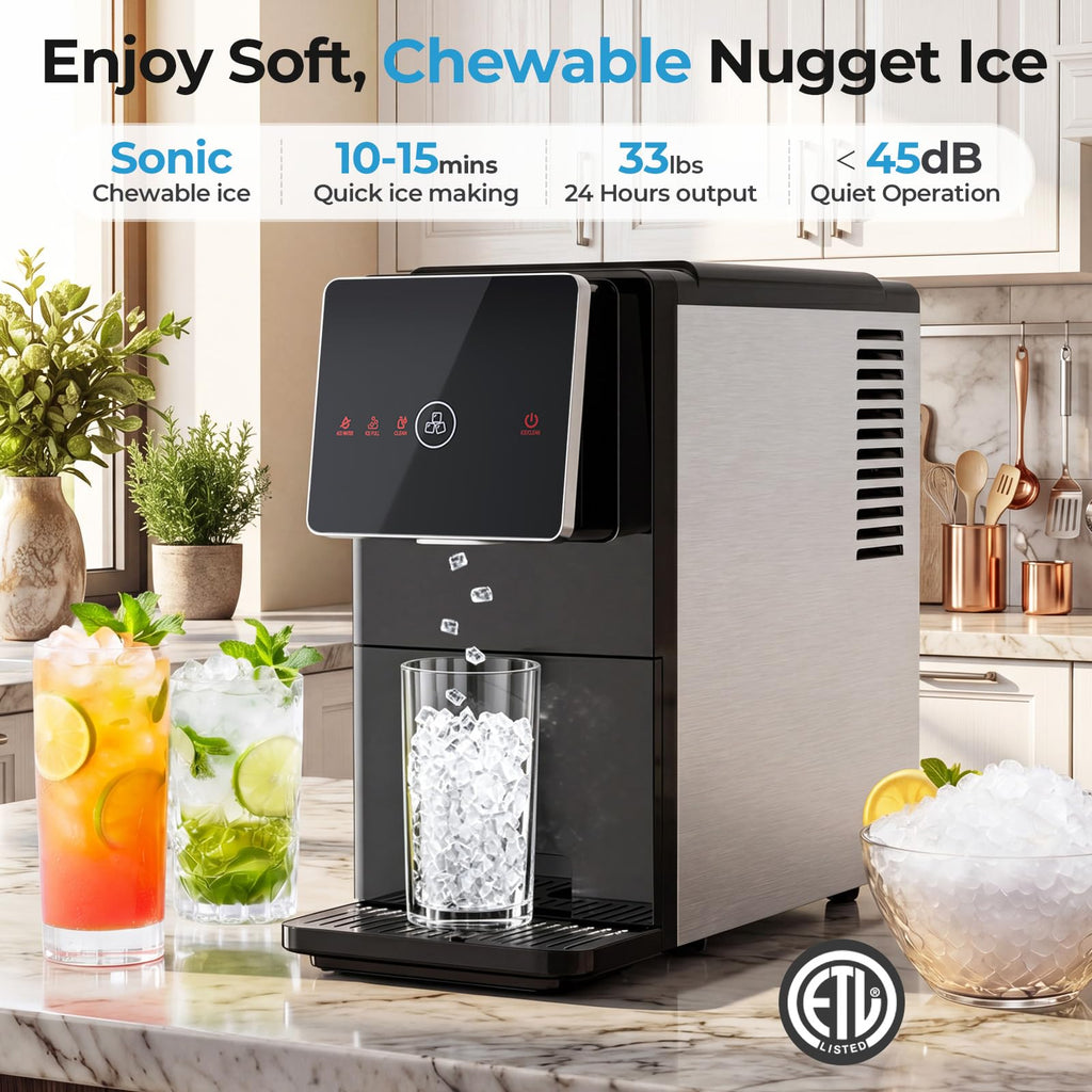 Antarctic Star Nugget Ice Maker Countertop, 33 lbs/24H, Automatic Ice Dispenser, Self-Cleaning Pebble Sonic Ice Machine, 1.8L Water Tank, One-Click & Motion Sensor Light, for Home/Office/Kitchen