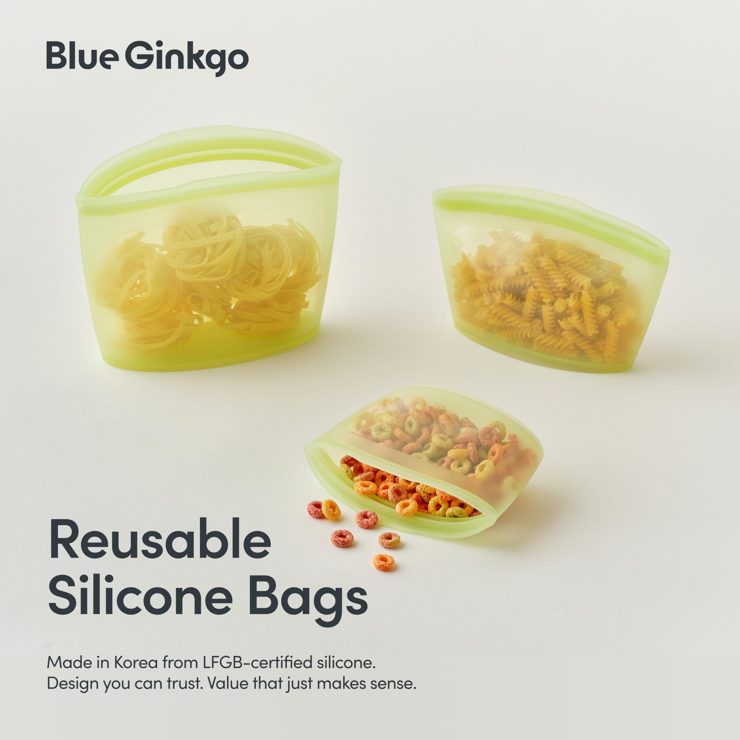 Blue Ginkgo Reusable Silicone Storage Bags – 4-Pack | Korean-Made Stand Up Food, Freezer Bags - Pumkin Yellow