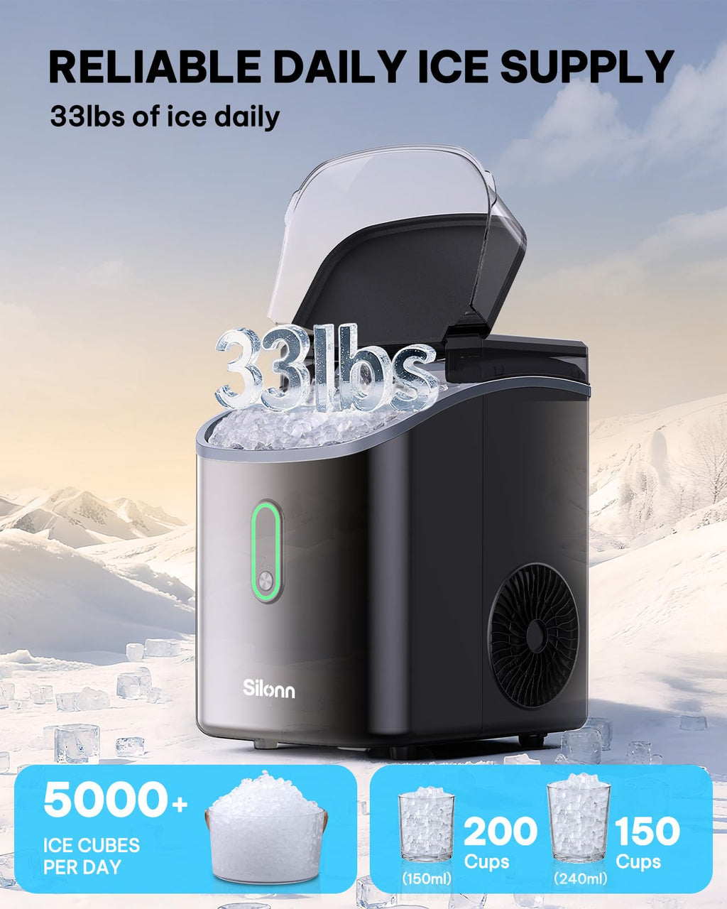 Nugget Ice Maker Countertop, Silonn Chewable Pellet Ice Machine with Self-Cleanin Function, 36lbs/24H Portable Ice Makers for Home Kitchen Officce, Black