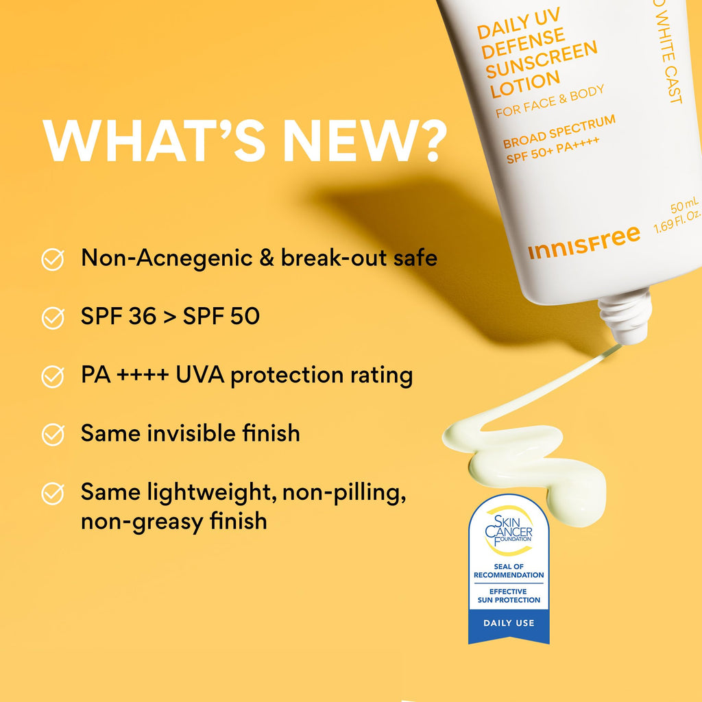 innisfree Daily UV Defense SPF 50+ PA++++ Korean Face & Body Sunscreen, Broad Spectrum, Invisible Finish, No White Cast, Lightweight, Hydrating
