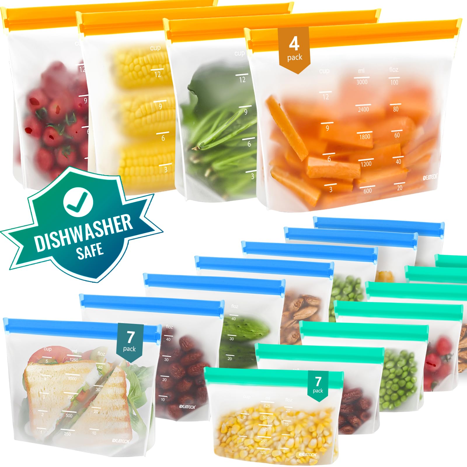 IDEATECH 24Pack Reusable Food Storage Bags, Reusable Freezer Bags | Leakproof, Dishwasher Safe, Stand-Up, BPA-Free Food Grade, 24Pack Assorted Set for Meal Prep, Freezer Storage & Family Use