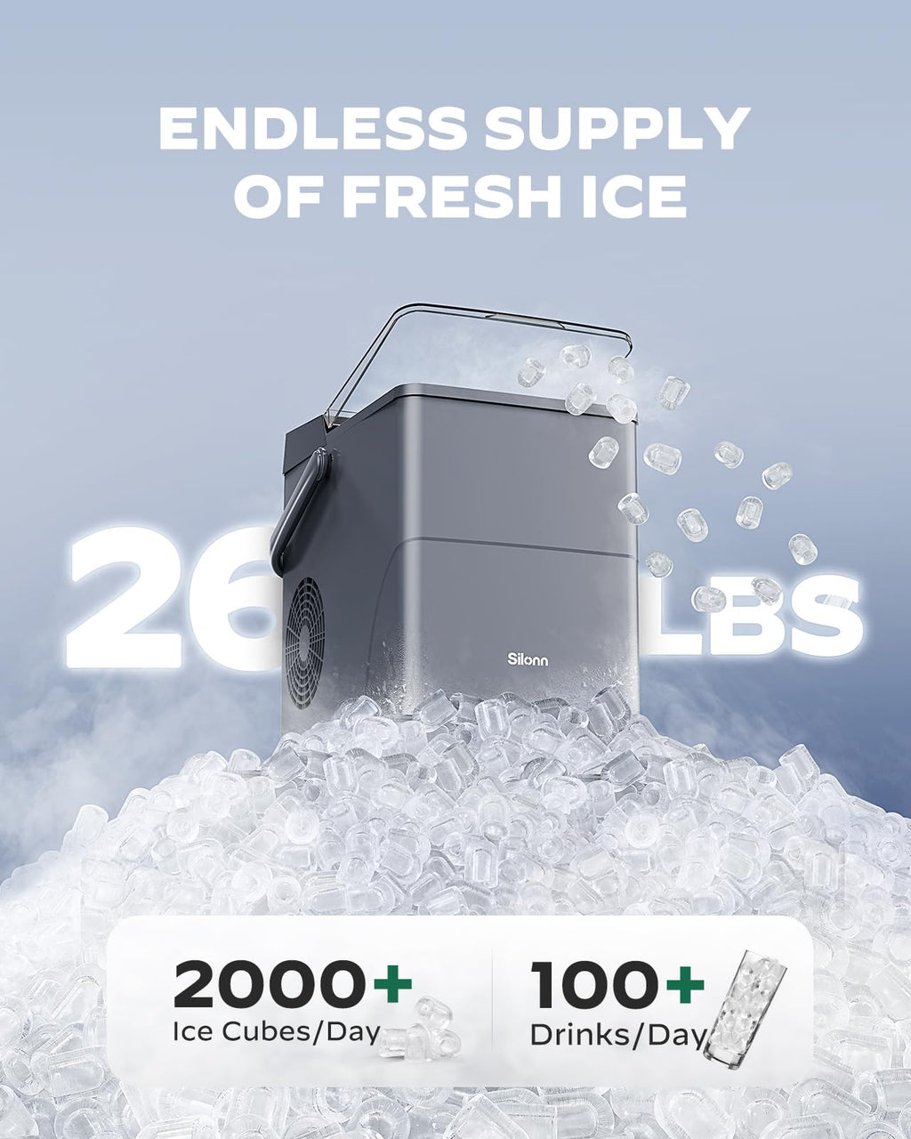Silonn Countertop Ice Maker with 2.5L Expandable Ice Basket, 26.5lbs/24H, 9 Cubes in 6 Mins, 2 Ice Sizes, Self-Cleaning & LED Touch Control for Home Kitchen Office