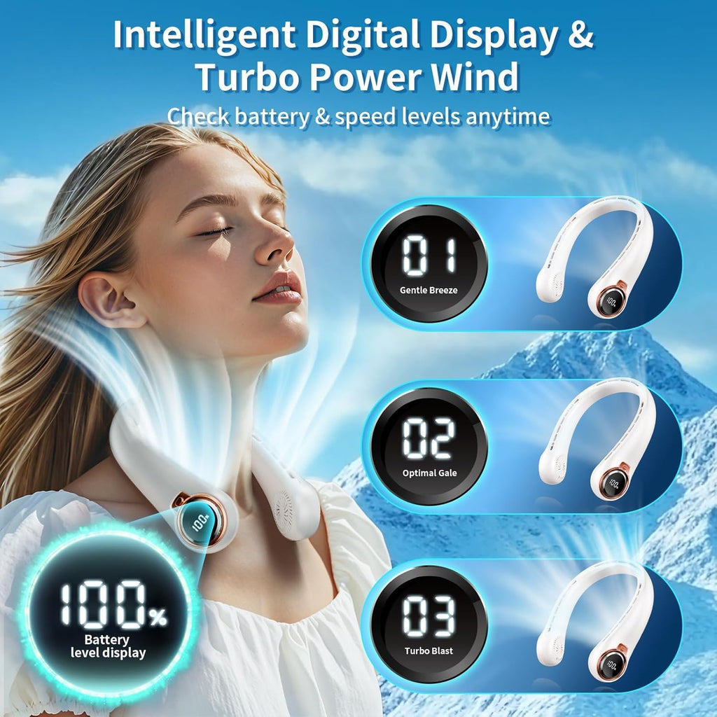 Portable Neck Fan with 6000mAh USB - Rechargeable Battery, Ultra-Light Bladeless Neck Fan LED Display, 360° Cooling Wearable Fan, 3 Speeds-Black