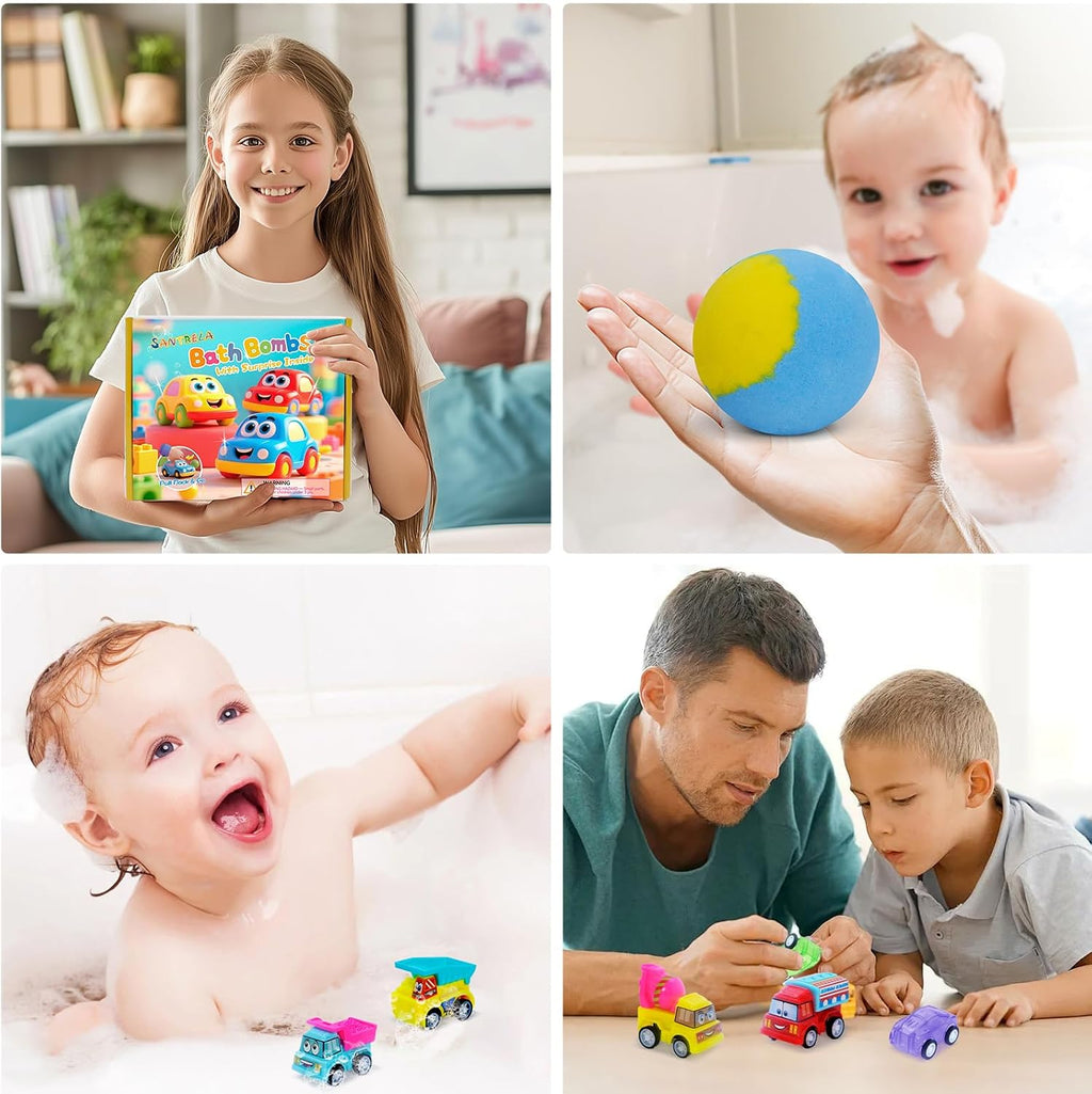 Bath Bombs for Kids with Surprise Toys Inside, 6 Pack Bath Bombs Gift Set with Pull-Back Vehicles Cars, Fun and Bright Colors Bubble Set, Car Bath Toys for Boys Girls Birthday, Christmas