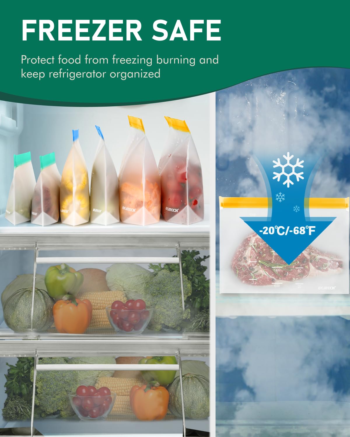 IDEATECH 24Pack Reusable Food Storage Bags, Reusable Freezer Bags | Leakproof, Dishwasher Safe, Stand-Up, BPA-Free Food Grade, 24Pack Assorted Set for Meal Prep, Freezer Storage & Family Use