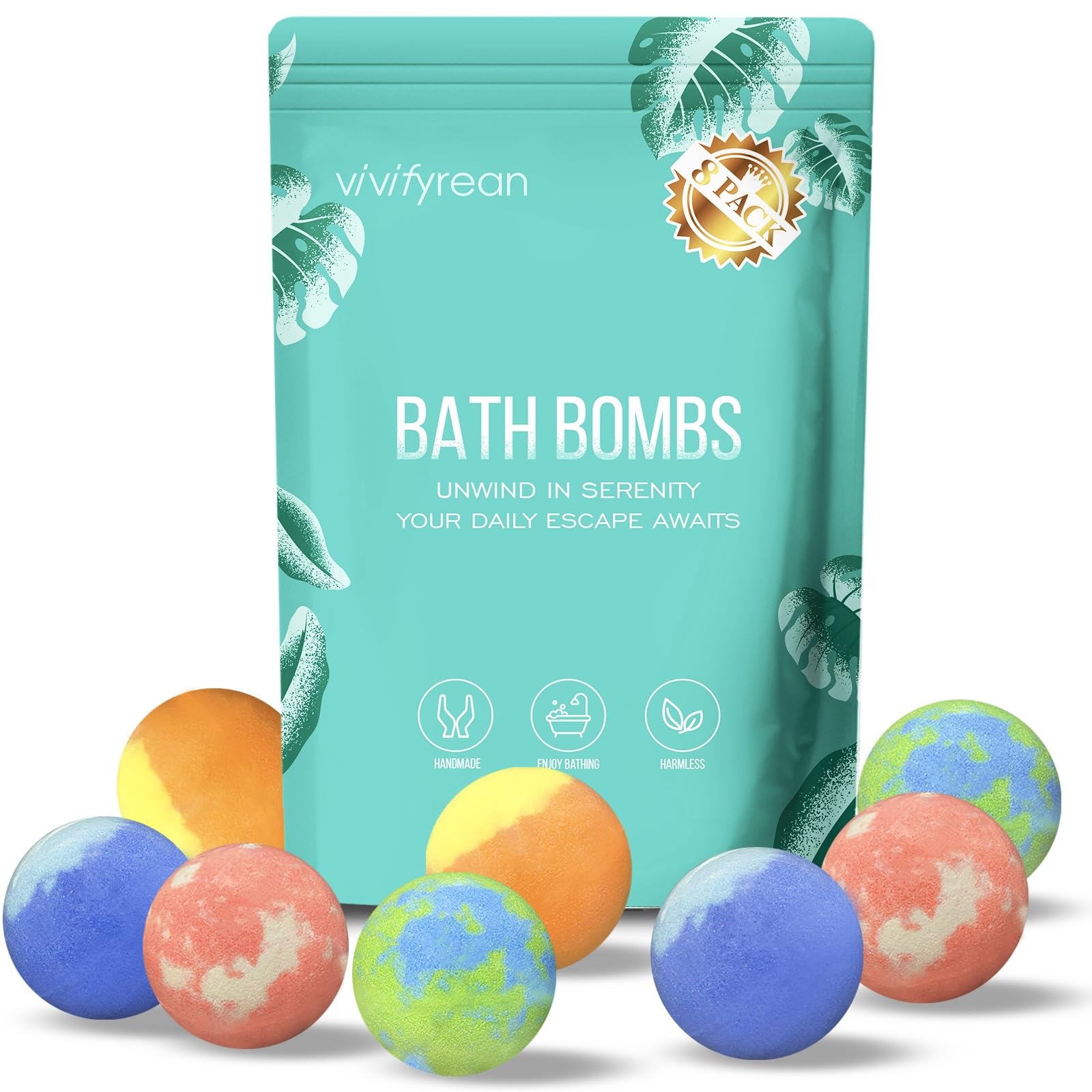 Bath Bombs for Women and Girls, Anniversary Birthday Gift, Natural Organic Fizzy Bath Bombs, Stress Relief, Self-Care Relaxation Home Spa, Pack of 8 in Bag, with Essential Oils & Epsom Salts, 4 Scents