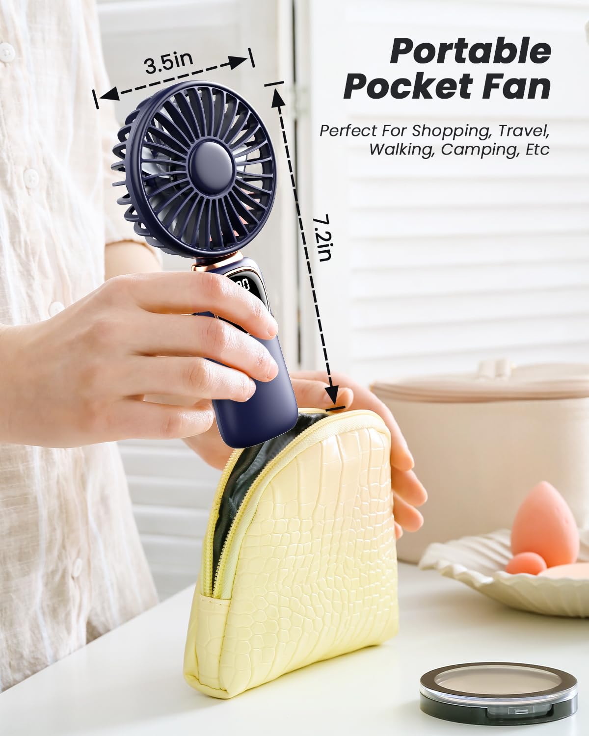 coldSky Portable Handheld Fan, 4000mAh Battery Operated with LED Display, Handheld/Neck/Desk 3 in 1 Personal Small Fan, 90° Foldable Desk Fan with Base, 5 Speed Lash Makeup Fan for Women