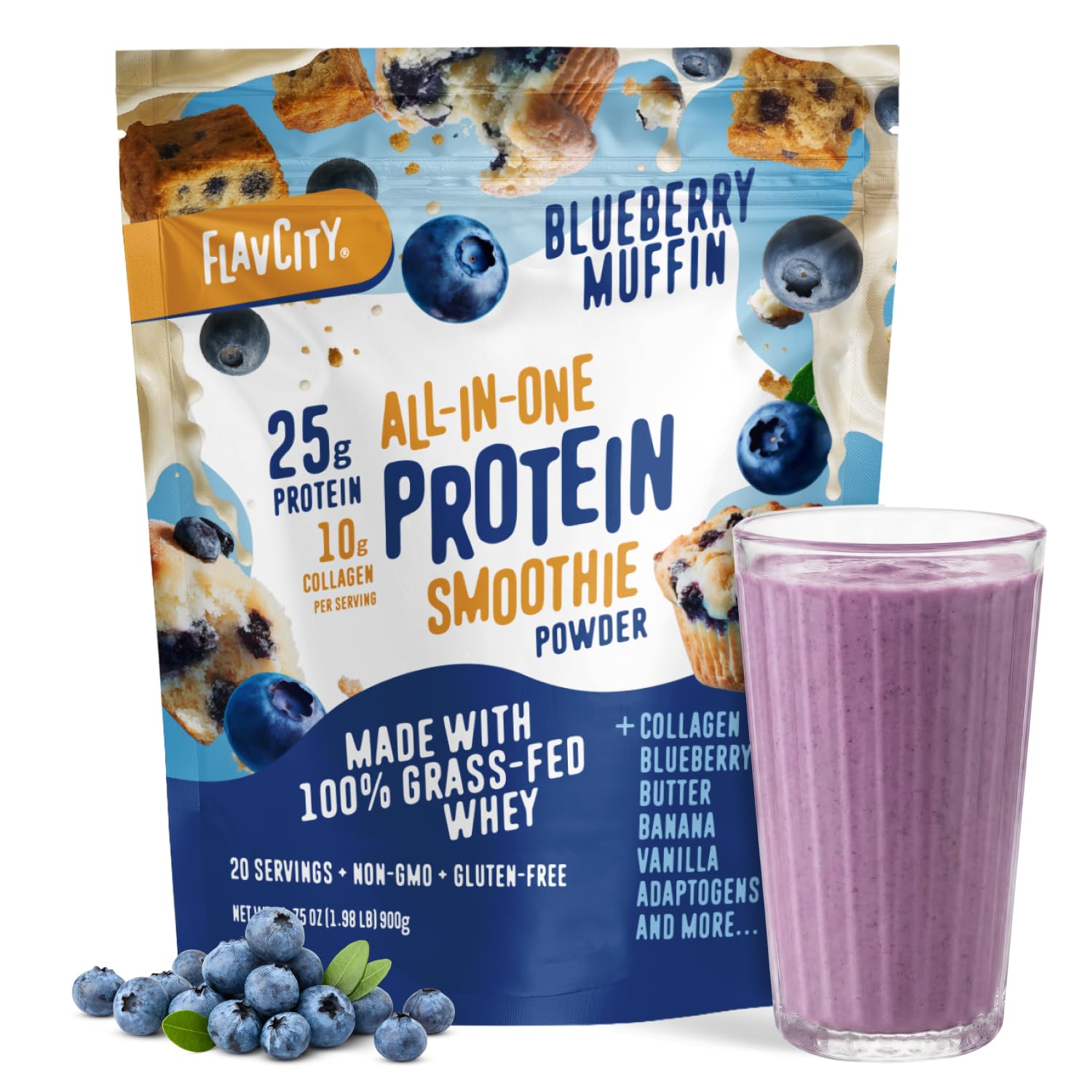 FlavCity All in One Protein Shake Powder, Pineapple Coconut - On the Go Meal Alternative + Collagen Peptides, Reishi & Cordyceps - Focus, Skin, Hair & Joint Support - 100% Grass Fed Whey, 20 Servings