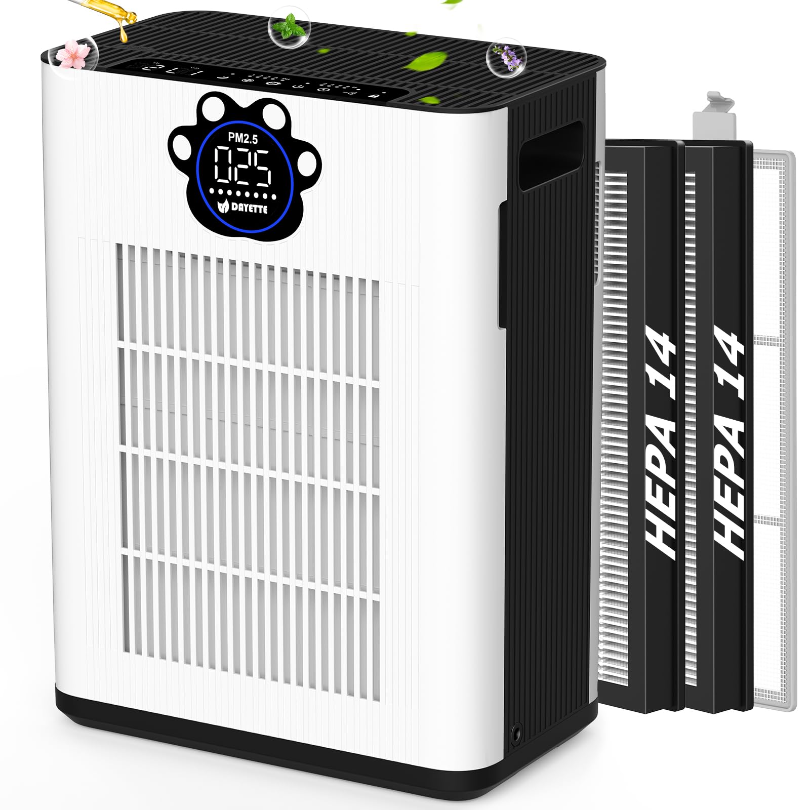 DAYETTE Air Purifiers for Home Large Room Up to 3400 Ft² with TVOC & PM2.5 Sensors, Pet Mode, Aromatherapy, Double Air Inlet Air Cleaner with 2x H14 HEPA Filters for Smoke Dust Pets Hair Odor, White