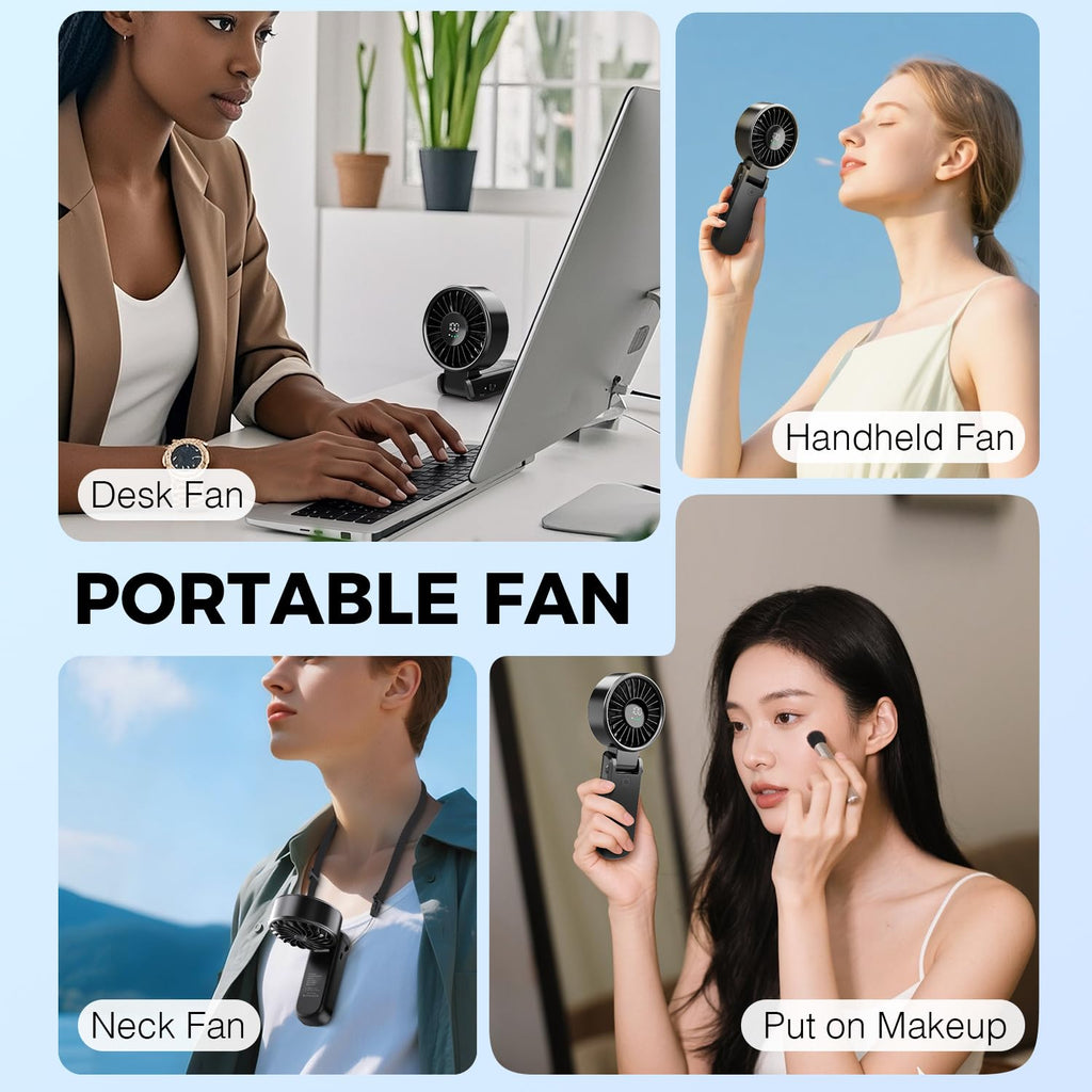 Portable Handheld Fan with Power Bank, 5000mAh Battery, Digital Display & 6-Speed Turbo – Foldable 3 in 1 Rechargeable Mini Fan for Desk, Neck, Travel, Beach, Office