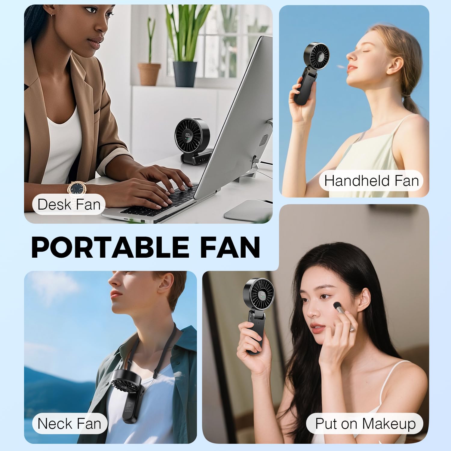 Portable Handheld Fan with Power Bank, 5000mAh Battery, Digital Display & 6-Speed Turbo – Foldable 3 in 1 Rechargeable Mini Fan for Desk, Neck, Travel, Beach, Office