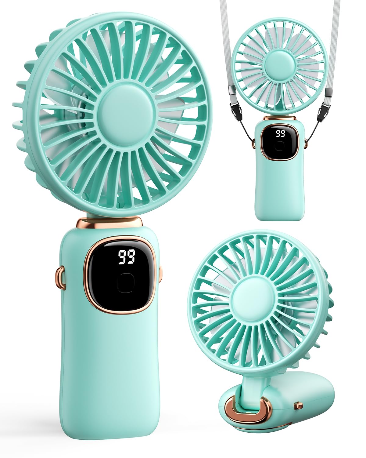 coldSky Portable Handheld Fan, 4000mAh Battery Operated with LED Display, Handheld/Neck/Desk 3 in 1 Personal Small Fan, 90° Foldable Desk Fan with Base, 5 Speed Lash Makeup Fan for Women