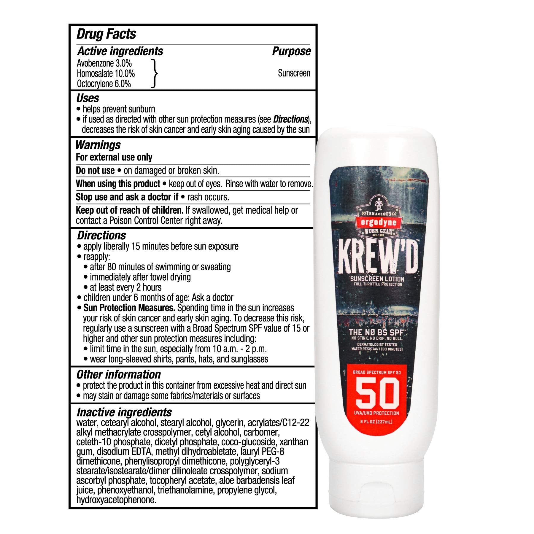 Ergodyne KREW'D 6355 Sunscreen Lotion, Broad Spectrum SPF 50, Water Resistant, 32 oz, 4-Pack, White
