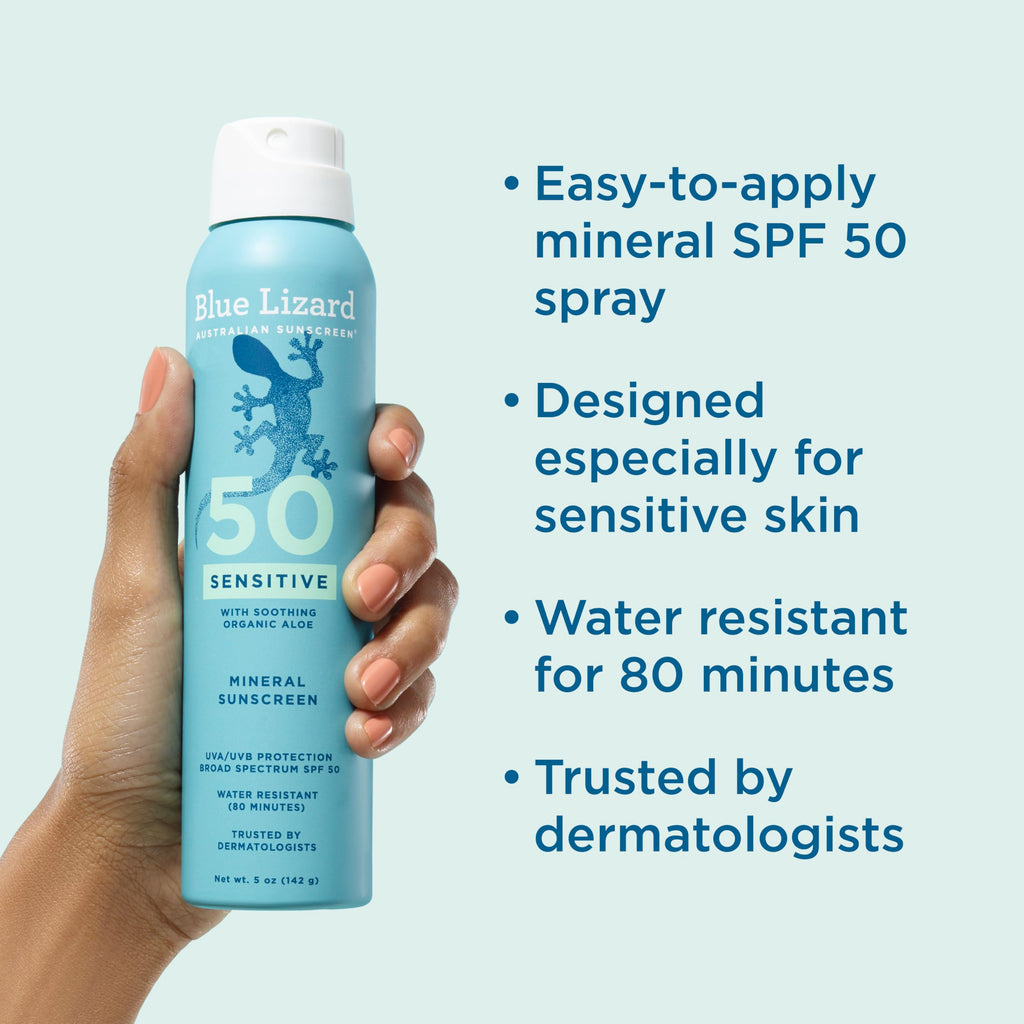 BLUE LIZARD Sport Mineral Sunscreen Spray SPF 50+, Dermatologist-Recommended Brand, Broad-Spectrum UVA/UVB Protection, Water-Resistant, Zinc Oxide Formula, Vegan, 5 fl oz