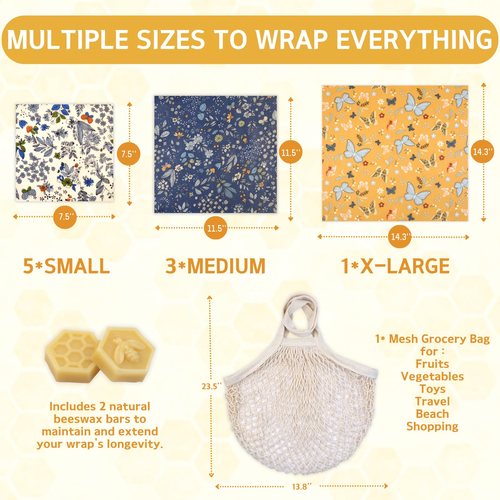 Reusable Beeswax Wrap - 9 Pack Beeswax Wraps for Food, Eco-Friendly Beeswax Food Wraps, Bread Sandwich Wrapper - Organic, Sustainable, Zero Waste, Reusable Plastic-Free Food Storage Wrap, 1XL, 3M, 5S
