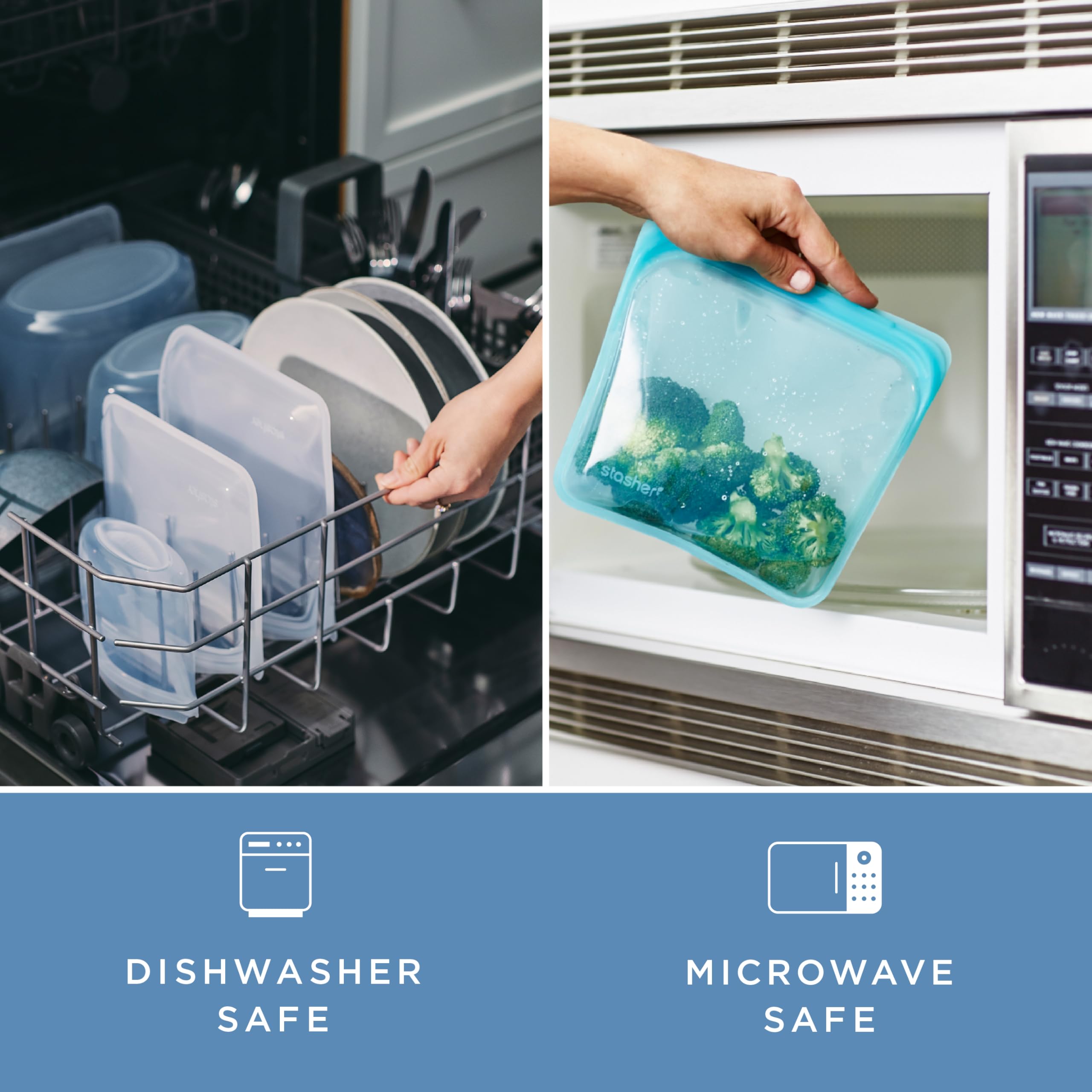 Stasher Silicone Reusable Storage Bag, Pocket Bags 2-Pack, Microwave, Dishwasher, Oven Safe, Sous Vide, Eco Friendly, Leak-free, Food-safe Silicone Snack Bags for Travel, 4 oz, Clear & Deep Ocean | Reusable Food Bags