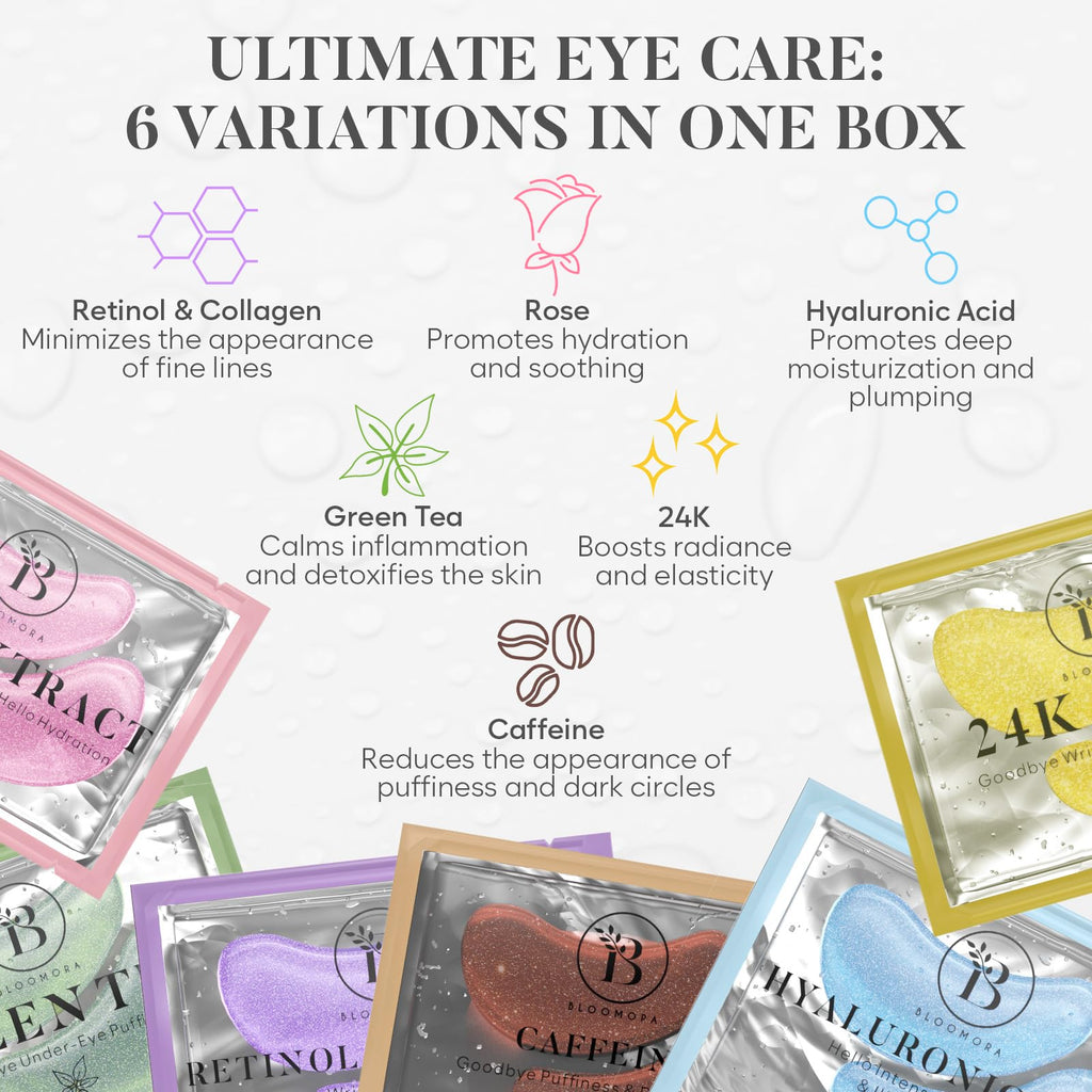 BLOOMORA Variety Under Eye Patches (30 Pairs) - Eye Mask for Dark Circles, Puffy Eyes & Wrinkles - 6 Varieties with Hyaluronic Acid, Green Tea, Rose, 24K Gold, Retinol, Collagen & Caffeine