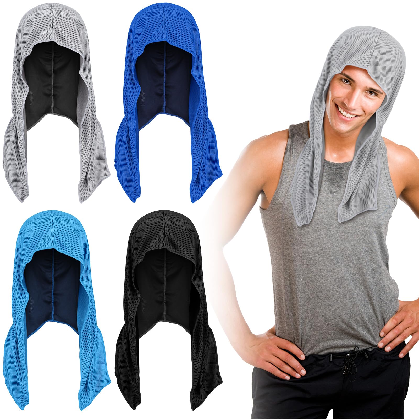 Bencailor 4 Pack Cooling Hoodie Towels Cooling Towels for Neck and Face Head Wrap UPF 50 UV Sun Protection for Sport Workout Camping(Black and Gray,Classic Style)